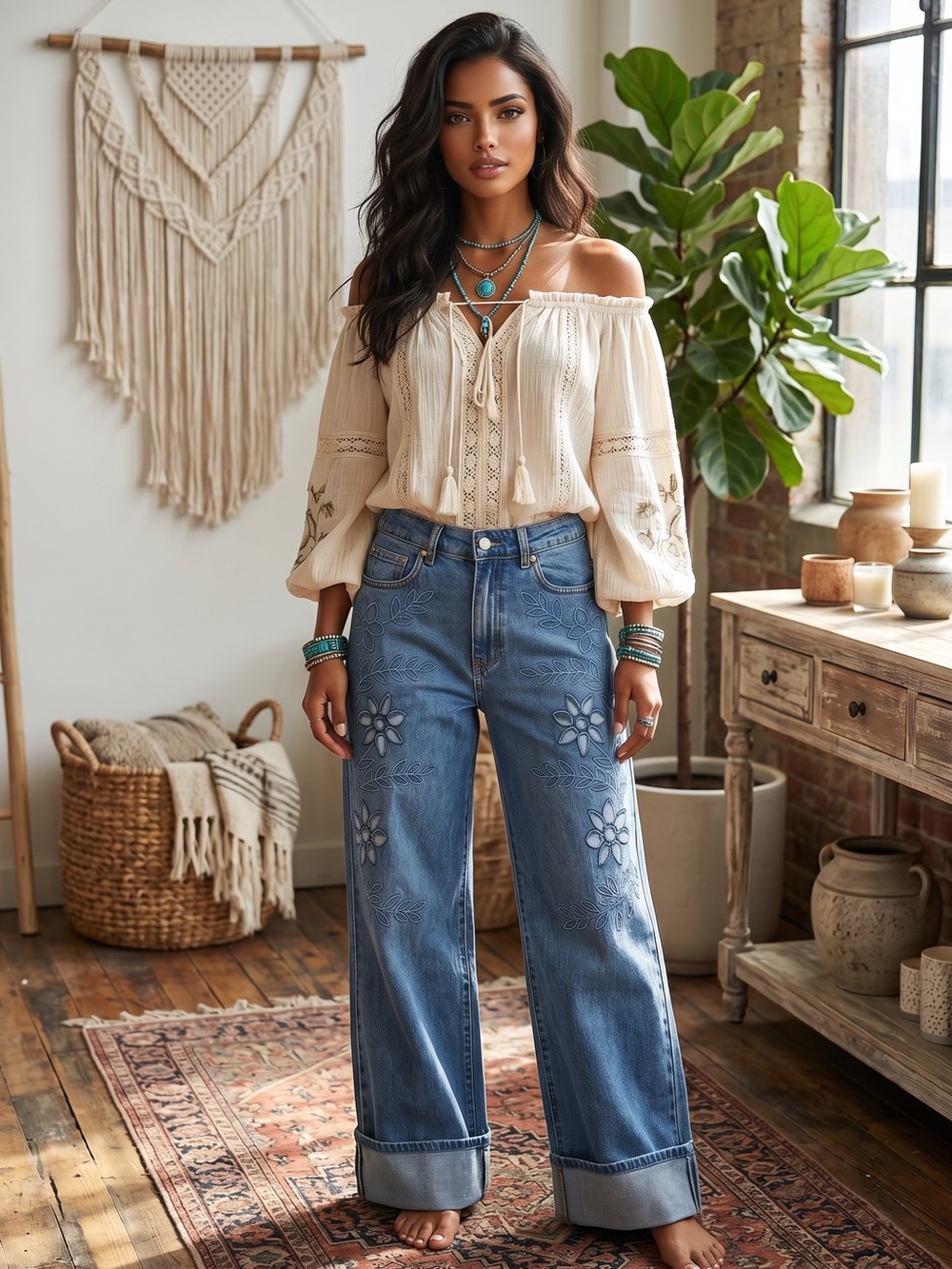 🌟B719. Stylish Wide-Leg Floral Embroidered Cutout Blue Jeans